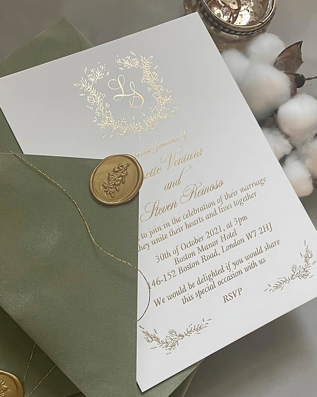 Fiori gold foil wedding invitation sample with sage green envelope and wax seals — Polina Perri