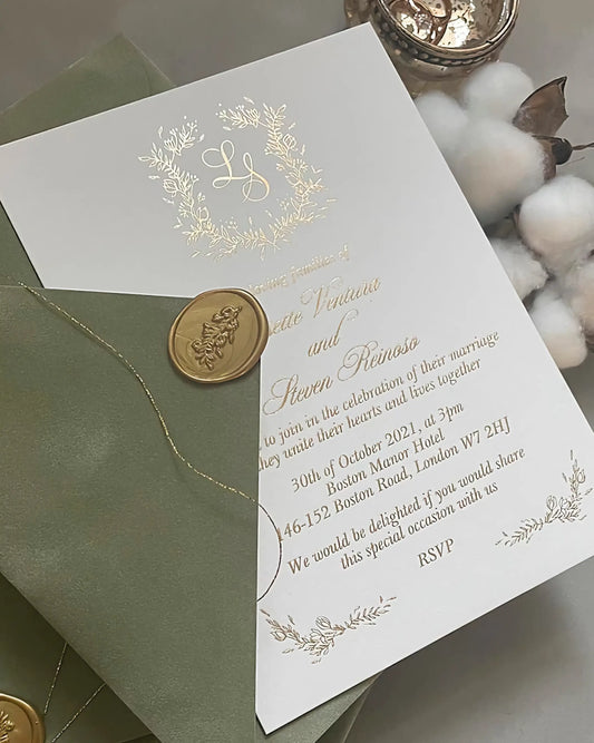 Fiori gold foil wedding invitation sample with sage green envelope and wax seals — Polina Perri