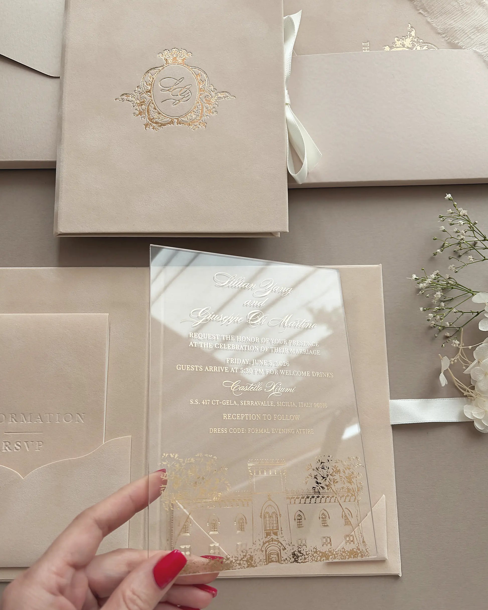 Vienna Blush Velvet Folio held open showing acrylic venue illustration insert with gold script — Polina Perri