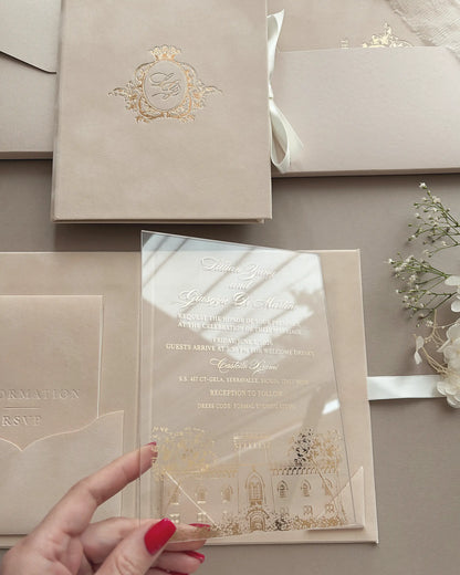 Vienna Blush Velvet Folio held open showing acrylic venue illustration insert with gold script — Polina Perri