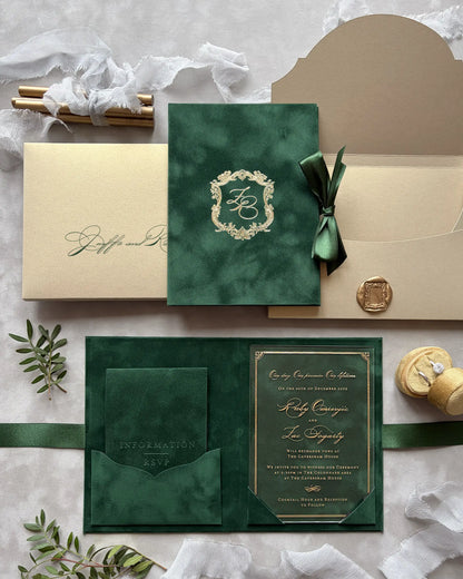 Buckingham Forest Green Velvet Folio Wedding Invitation with gold baroque monogram crest, green ribbon and wax seal — Polina Perri
