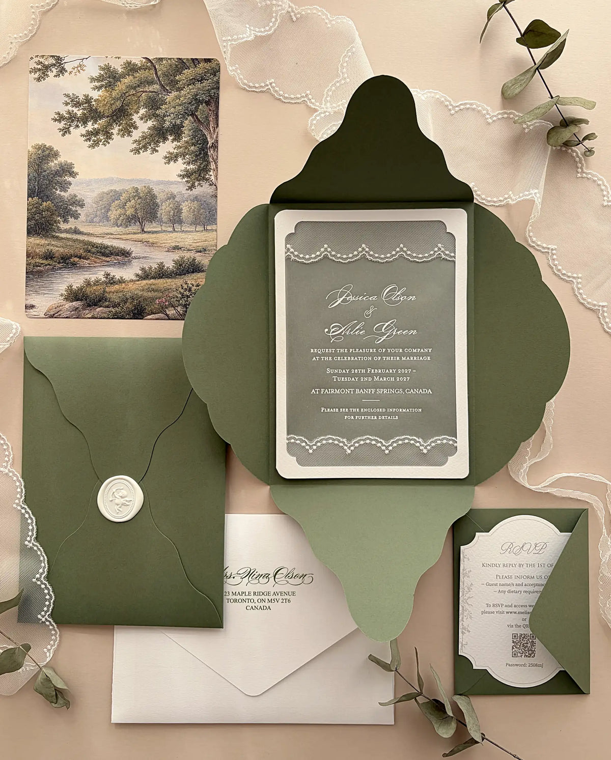 Florence olive green wedding invitation suite: four-petal folder with a lace-trimmed vellum invitation, antique tapestry art print, RSVP card and envelope with a white wax seal