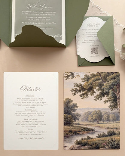 Florence wedding suite enclosures: calligraphy details card, antique tapestry art print of an oak forest and brook, and RSVP card in an olive green envelope