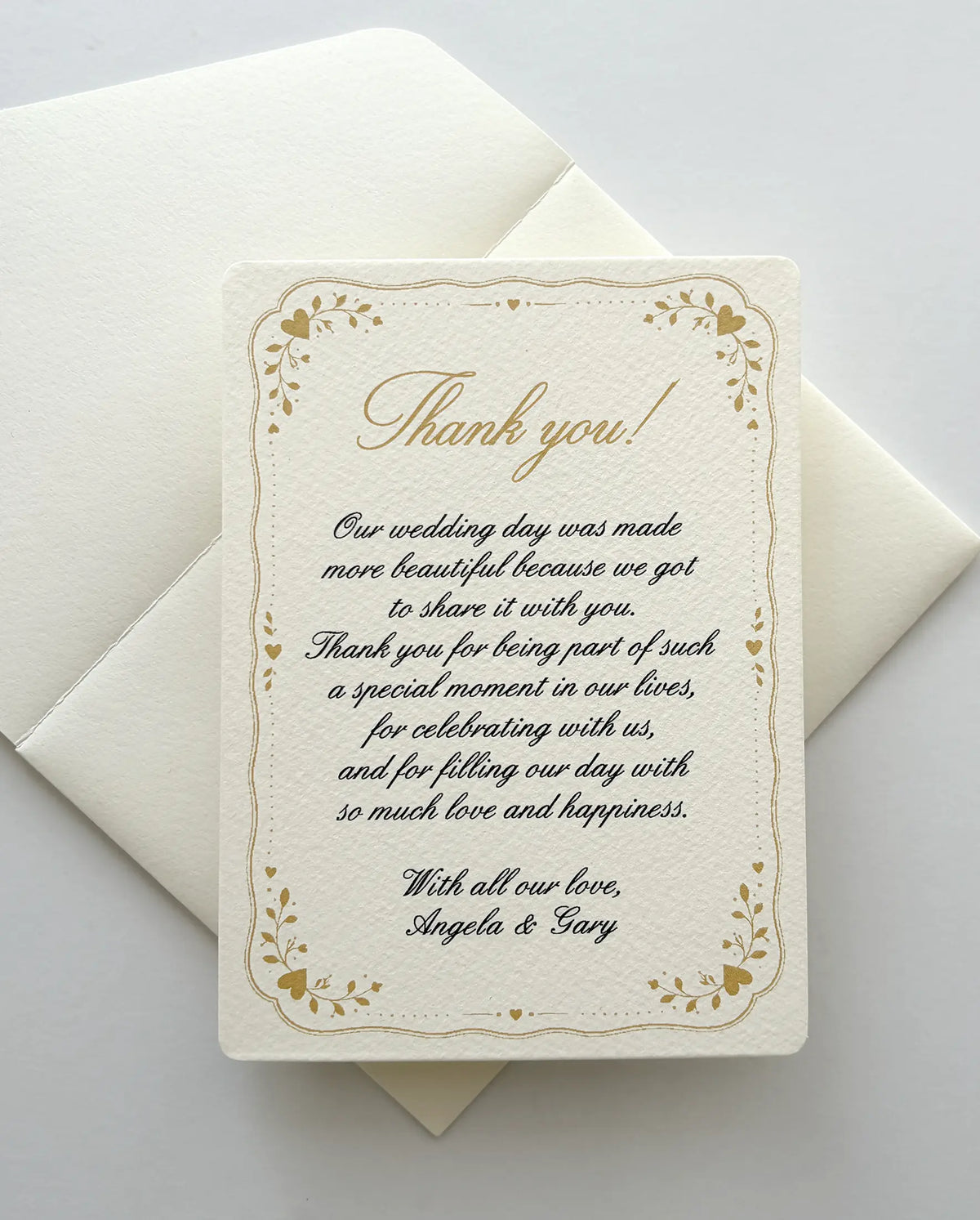 Single A6 Lovely Frame thank you card with rounded corners on a matching cream envelope