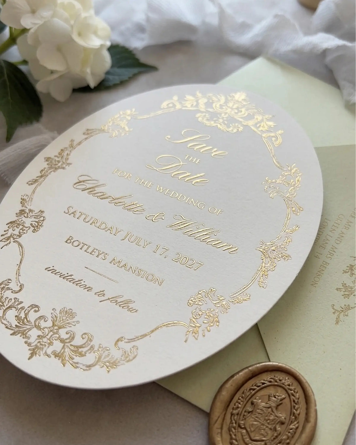 Oval Save the Date Card with Gold Foil Script and Floral Border — Polina Perri