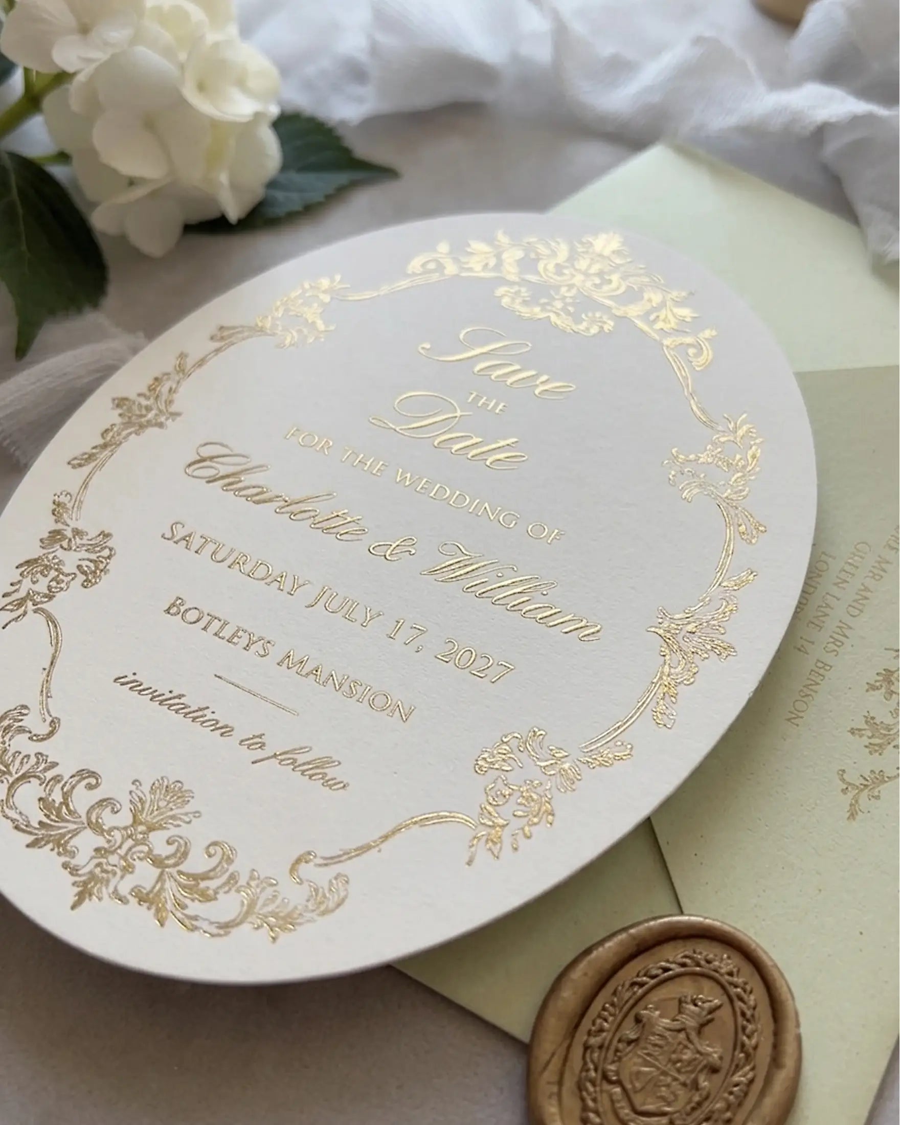 Oval Save the Date Card with Gold Foil Script and Floral Border — Polina Perri