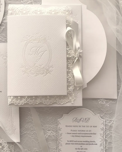 Lace wedding invitations - Alyson Lace White