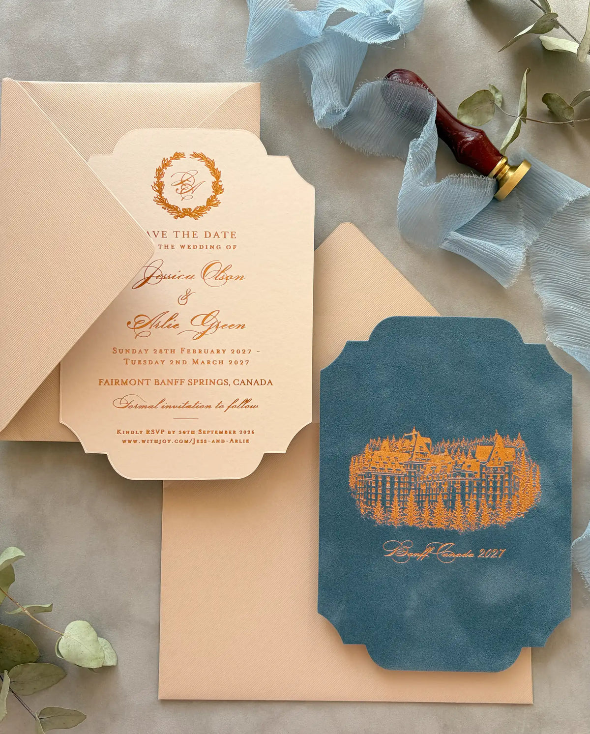 Venue Velvet Save the Date front and reverse side by side, dusty blue velvet with copper foil venue drawing and cream card with copper foil text — Polina Perri